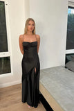 Vintage Satin Spaghetti Strap Mermaid High-slit Long Prom Dress Party Dress Evening Dress HZ1024