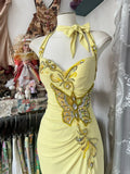 Vintage Yellow Beaded Sweetheart Prom Dress Embroidery Evening Dress Long Mermaid Halter-neck Formal Dress HZ1024