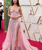 Vintage Pink Lace Sweetheart Prom Dress Long Evening Dress A-Line High Slit Formal Dress HZ1024