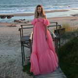Vintage Pink Off-the-shoulder Prom Dress Long Pleated Evening Dress Formal Dress HZ1024