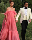 Vintage Pink Off-the-shoulder Prom Dress Long Pleated Evening Dress Formal Dress HZ1024