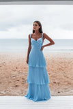 Vintage Blue Sweetheart Pleated A-Line Tiered Long Prom Dress Party Dress Evening Dress HZ1024