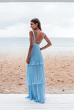 Vintage Blue Sweetheart Pleated A-Line Tiered Long Prom Dress Party Dress Evening Dress HZ1024