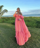 Vintage Pink Off-the-shoulder Prom Dress Long Pleated Evening Dress Formal Dress HZ1024