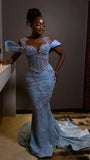 Gorgeous Sky Blue Beaded Prom Dress Long Sweetheart Evening Dress Mermaid Formal Dress HZ1024