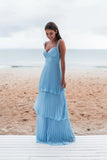 Vintage Blue Sweetheart Pleated A-Line Tiered Long Prom Dress Party Dress Evening Dress HZ1024