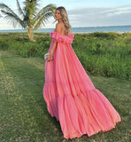Vintage Pink Off-the-shoulder Prom Dress Long Pleated Evening Dress Formal Dress HZ1024