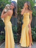 Vintage Satin Spaghetti Strap Mermaid High-slit Long Prom Dress Party Dress Evening Dress HZ1024