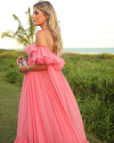 Vintage Pink Off-the-shoulder Prom Dress Long Pleated Evening Dress Formal Dress HZ1024