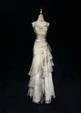 Vintage Silvery A-Line Prom Dress Long Ruffle Evening Dress Spaghetti Strap Tiered Formal Dress HZ1024
