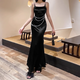 Gorgeous Black Spaghetti Strap Waist Chain Mermaid Long Prom Dress Evening Dress HZ1024