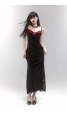 Simple Fashion Black Velvet Red Lace Spaghetti Strap Dress HZ1024