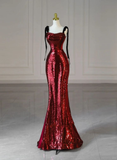 Vintage Burgundy Mermaid Evening Gown Straps Party Dress Long Formal Dress HZ1024