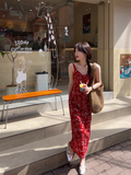 New Fashion Red Floral Design A-line Beach Holiday Spaghetti Strap Dress HZ1024