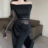 Simple Fashion Black Mesh Long-sleeved Dress HZ1024