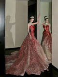 Vintage Gradient Red Sweetheart Strapless Mermaid Design Sexy Prom Dress Evening Dress HZ1024