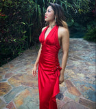 Vintage Hot Red Satin Prom Dress V-neck Ruffles Halter Dress Evening Dress A-Line Formal Dress HZ1024