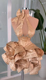 Vintage Champagne Bowknot Halter Dress Design A-line Satin Party Dress Homecoming Dress HZ1024