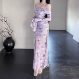 Women Elegant Mesh Butterfly Print Lavender Slim Long-sleeved Dress HZ1024