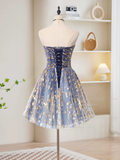 Retro Blue Sequin Strapless Design A-line Tulle Party Dress Homecoming Dress HZ1024