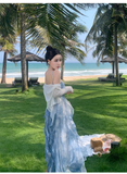 Simple Elegant Blue Floral Design Beach Holiday Spaghetti Strap Dress HZ1024