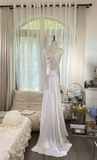 Retro White V-neck Spaghetti Strap Design Elegant Satin Evening Dress Prom Dress HZ1024