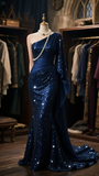 Vintage Royal Blue Sequin Evening Gown One-shoulder Party Dress Long Formal Dress HZ1024