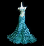 Gorgeous Blue Shiny Beaded Mermaid Satin Tiered Prom Dress Evening Dress HZ1024
