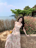Simple Fashion Pink Floral Design A-line Beach Holiday Spaghetti Strap Dress HZ1024