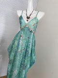 New Fashion Flora V-neck Design Beach Holiday A-line Spaghetti Strap Dress HZ1024