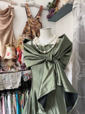 Vintage Green Satin Shawl Design Elegant A-line Long Evening Dress Prom Dresses HZ1024