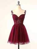 Vintage Burgundy Applique Sweetheart Spaghetti Strap Design A-line Tulle Party Dress Homecoming Dress HZ1024