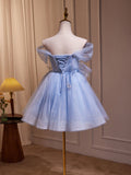 New Fashion Light Blue Pearl Design A-line Off-the-shoulder Puffy Homecoming Dress HZ1024
