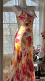 Vintage Floral A-line V-neck Spaghetti Strap Evening Dress Prom Dresses HZ1024