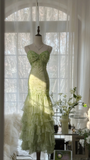 Elegant Green Fairy Mermaid Long Chiffon Spaghetti Strap Ball Gown Evening Dress Prom Dresses HZ1024