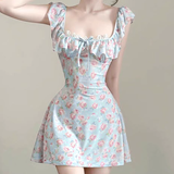 Cute Light Blue Floral Square-neck A-Line Short Summer Dresses Party Dress Homecoming Dress HZ1024