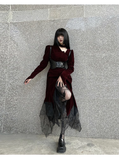 Elegant Fashion Red Velvet Irregular Dress Edge Design Gothic style party High-waisted Long-sleeved Dress HZ1024