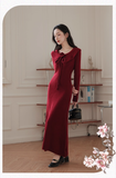 Vintage Burgundy Sheath Prom Dress Long-sleeve Evening Dress Knit Long Formal Dress HZ1024