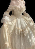 Gorgeous Ivory Sweetheart Lace Off-the-shoulder Long-sleeve A-Line Wedding Dress Ball Gown Prom Dress Evening Dress HZ1024
