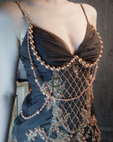 Retro Brown V-neck Beaded Spaghetti Strap Appliqued Design Elegant Satin Evening Dress Prom Dress HZ1024