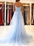 Blue mermaid lace tulle long prom dress, blue evening dress HZ1024