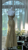 Vintage Shiny Light Green Spaghetti Strap Elegant Design A-line Beaded Romantic Chiffon Evening Dress Prom Dress HZ1024