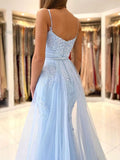 Blue mermaid lace tulle long prom dress, blue evening dress HZ1024