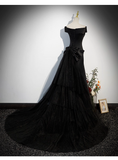 Vintage Black A-Line Evening Gown Satin Off-the-shoulder Party Dress Tulle Dress Hem Formal Dress HZ1024