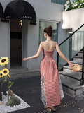 New Fashion Red Plaid Lace Patchwork Design Beach Holiday A-line Sleeveless Strapless Dress HZ1024