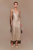 Vintage Shiny Sequin Sheath Prom Dress V-neck Evening Dress Long Formal Dress HZ1024