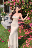 Vintage Fashion Floral Mesh Design Elegant Beach Holiday Mermaid A-line Spaghetti Strap Dress HZ1024