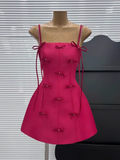 New Rose Pink Spaghetti Strap Bow Design A-line Party Dresses Homecoming Dresses, HZ1024