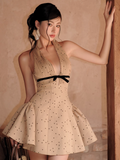 Vintage Khaki Polka Dot A-Line Homecoming Dress Halter-neck Party Dress Short Cocktail Dress HZ1024
