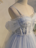 Vintage Light Blue Applique Sweetheart Spaghetti Strap Design A-line Tulle Party Dress Homecoming Dress HZ1024